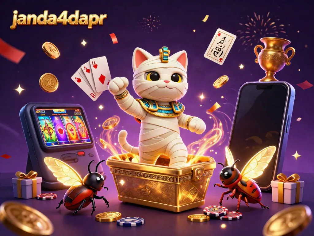 Permainan menarik JANDA4D, dengan kucing mummy dan simbol jackpot menghibur pemain taruhan.