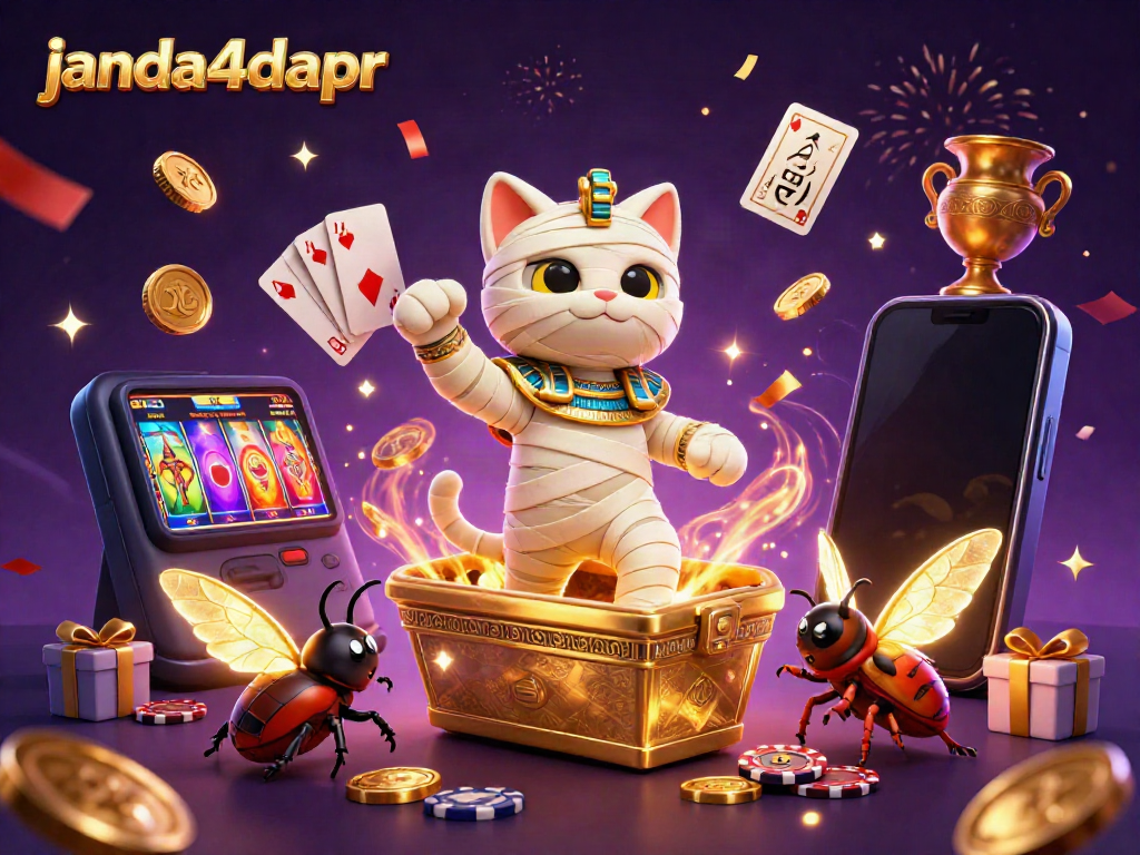 Permainan menarik JANDA4D, dengan kucing mummy dan simbol jackpot menghibur pemain taruhan.