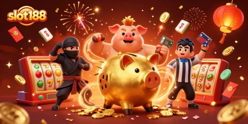 Slot188 menghadirkan ilustrasi pertarungan antara karakter dengan suasana kasino yang meriah.