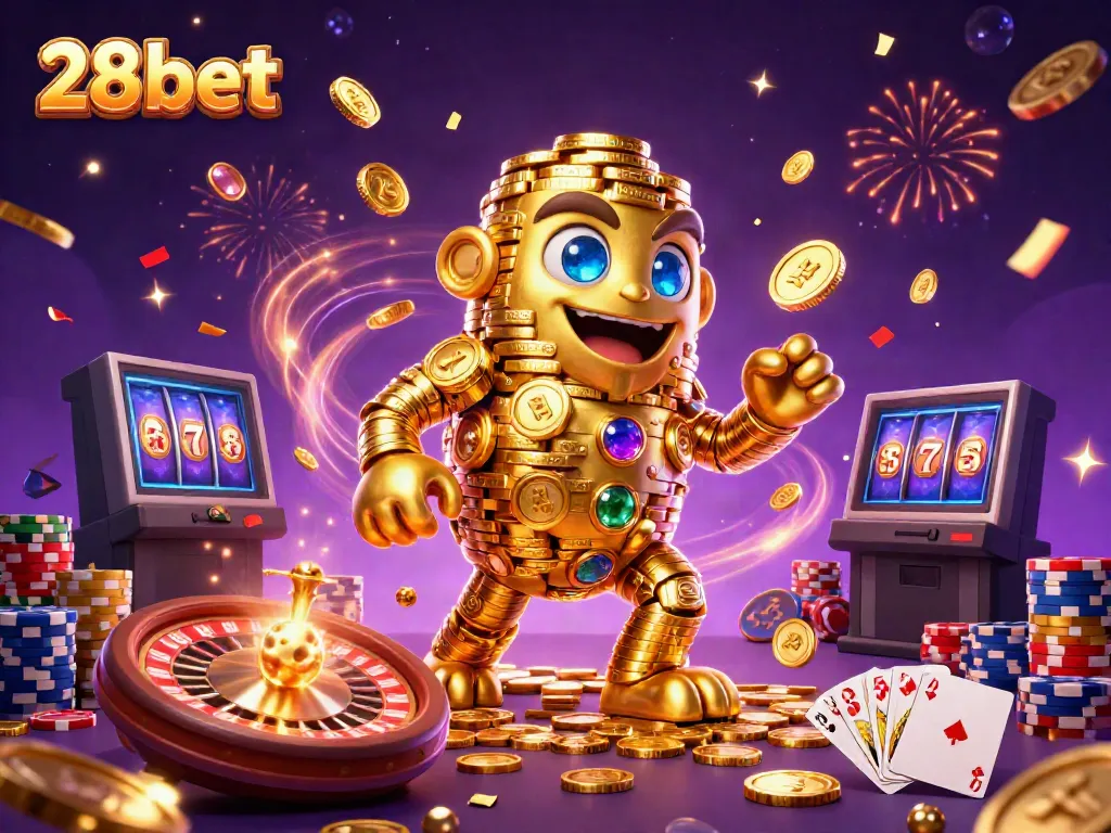 Experience dynamic gaming with 28bet's thrilling 3D illustration showcasing vibrant casino elements.