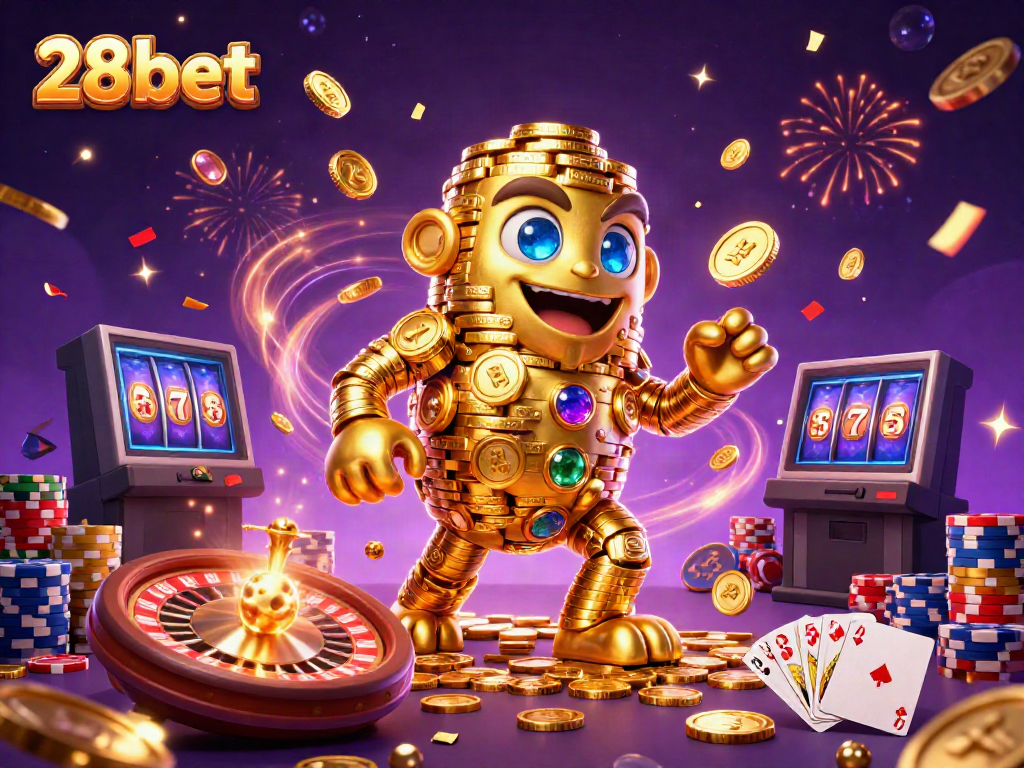 Experience dynamic gaming with 28bet's thrilling 3D illustration showcasing vibrant casino elements.