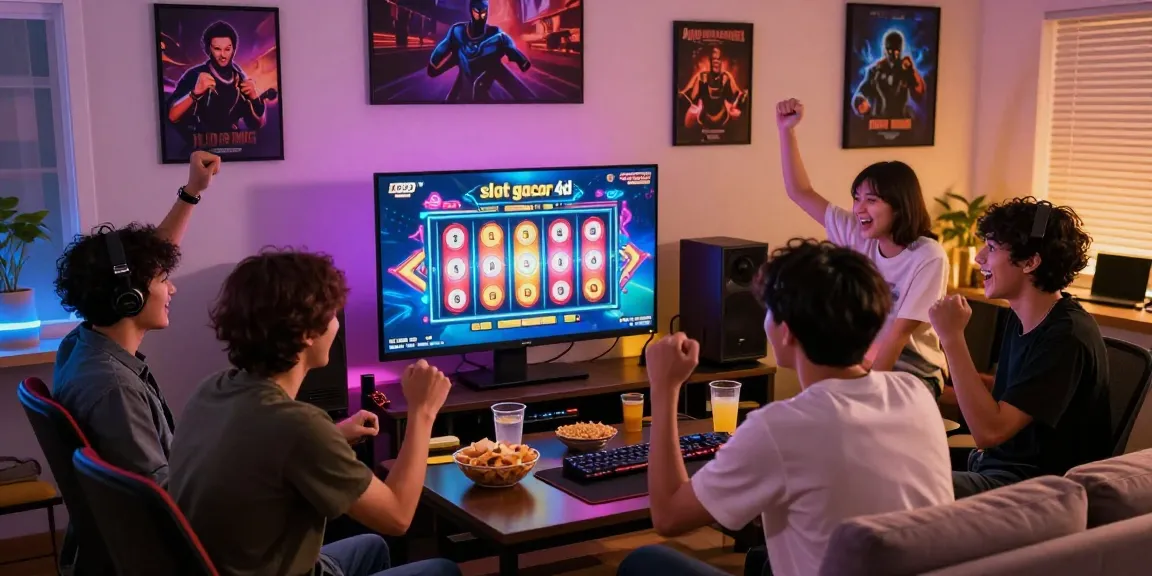 Group of friends enjoying slot gacor 4d gaming session in a cozy living room.