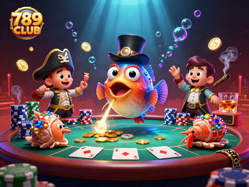 Engage with thrilling poker action at 789CLUB, featuring an animated anglerfish and dazzling casino elements.