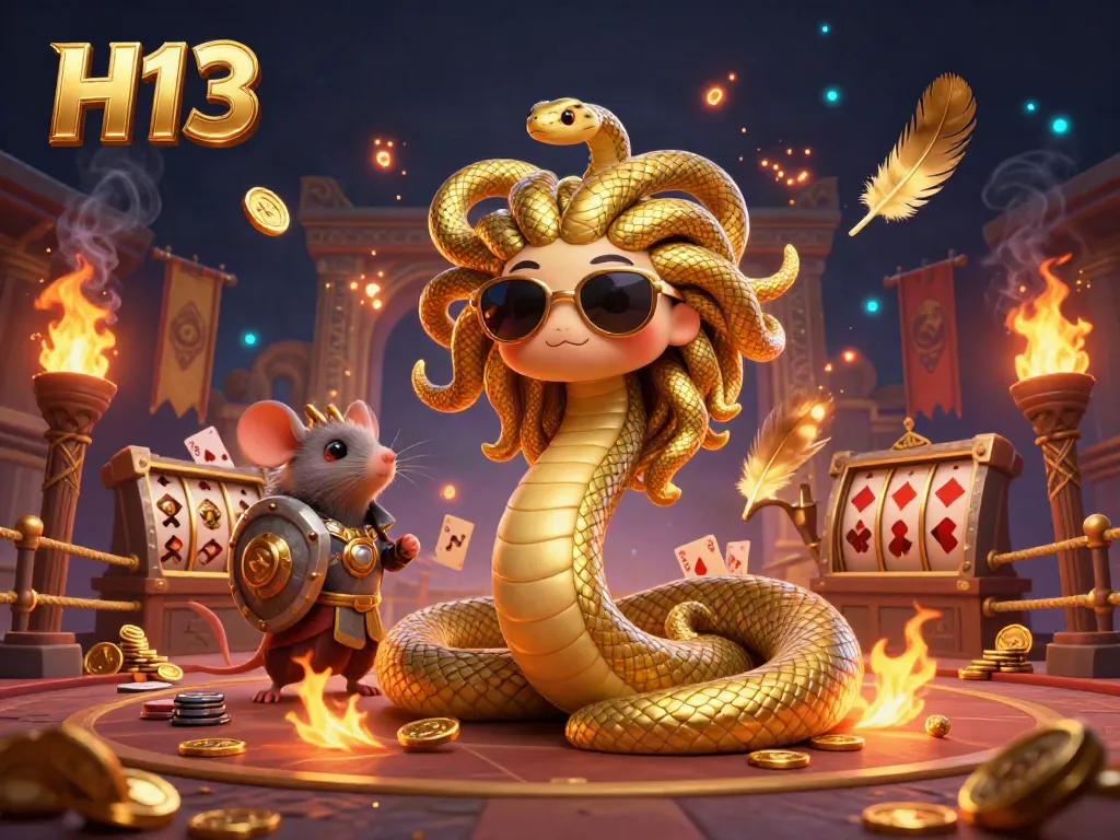 Experience H13's vibrant casino scene featuring Medusa and a warrior mouse, amidst dazzling game elements.