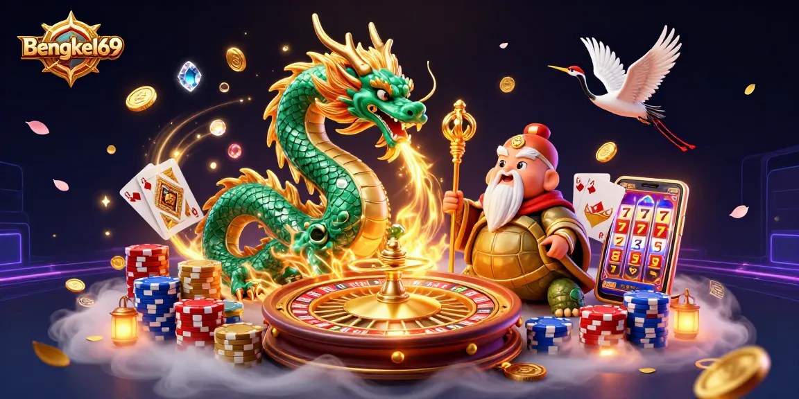 Experience thrills at Bengkel69 with a vibrant scene of dragons, turtles, and casino games.