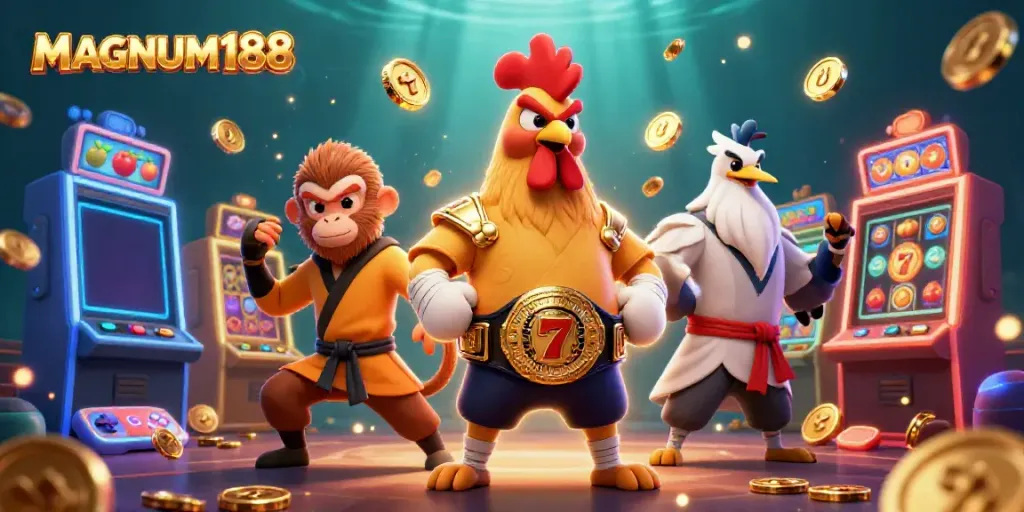 Experience thrills with MAGNUM188's vibrant casino scene featuring dynamic slot machines, character interactions, and colorful gaming elements.