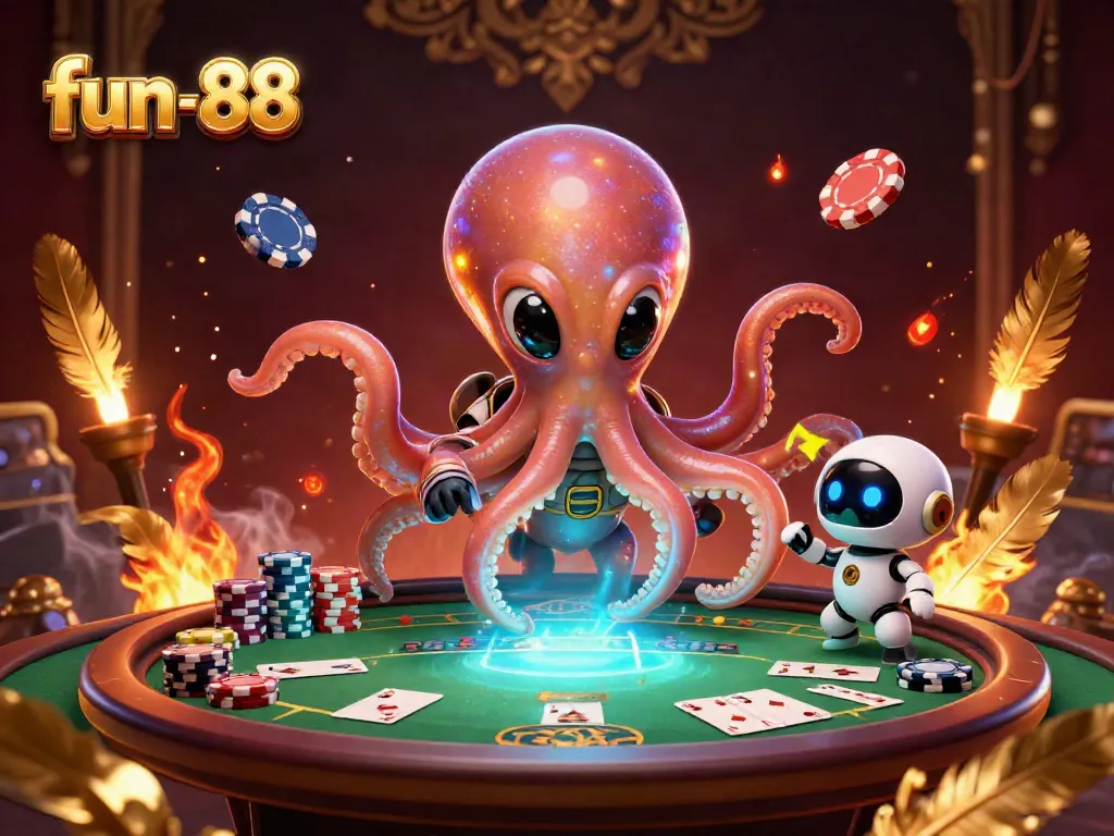 Experience the excitement of fun-88 as a 3D cartoon alien octopus engages in a thrilling poker game.