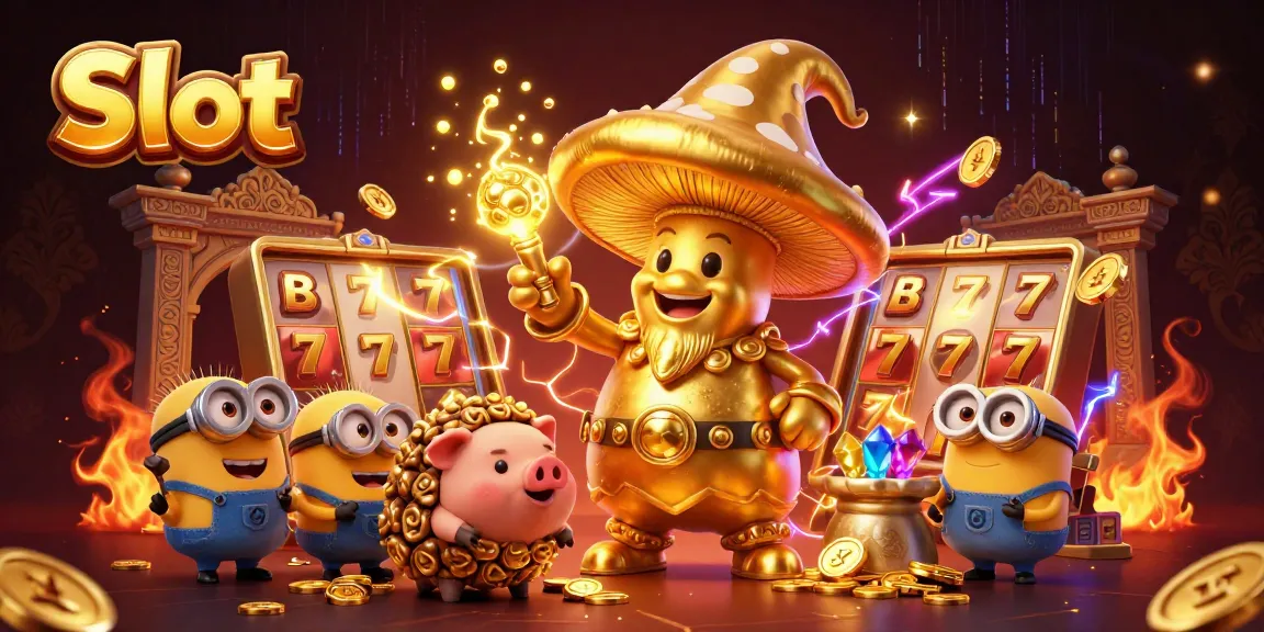 Pemain Slot meraih jackpot besar dengan penyihir emas dan karakter kasino yang penuh warna, dikelilingi koin emas.
