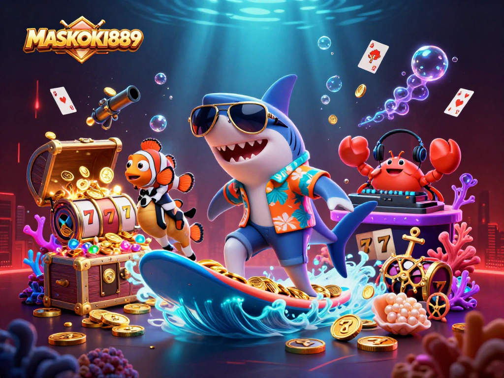 Experience thrilling gameplay at MASKOKI889 with slot machines, gold coins, and playful aquatic characters.