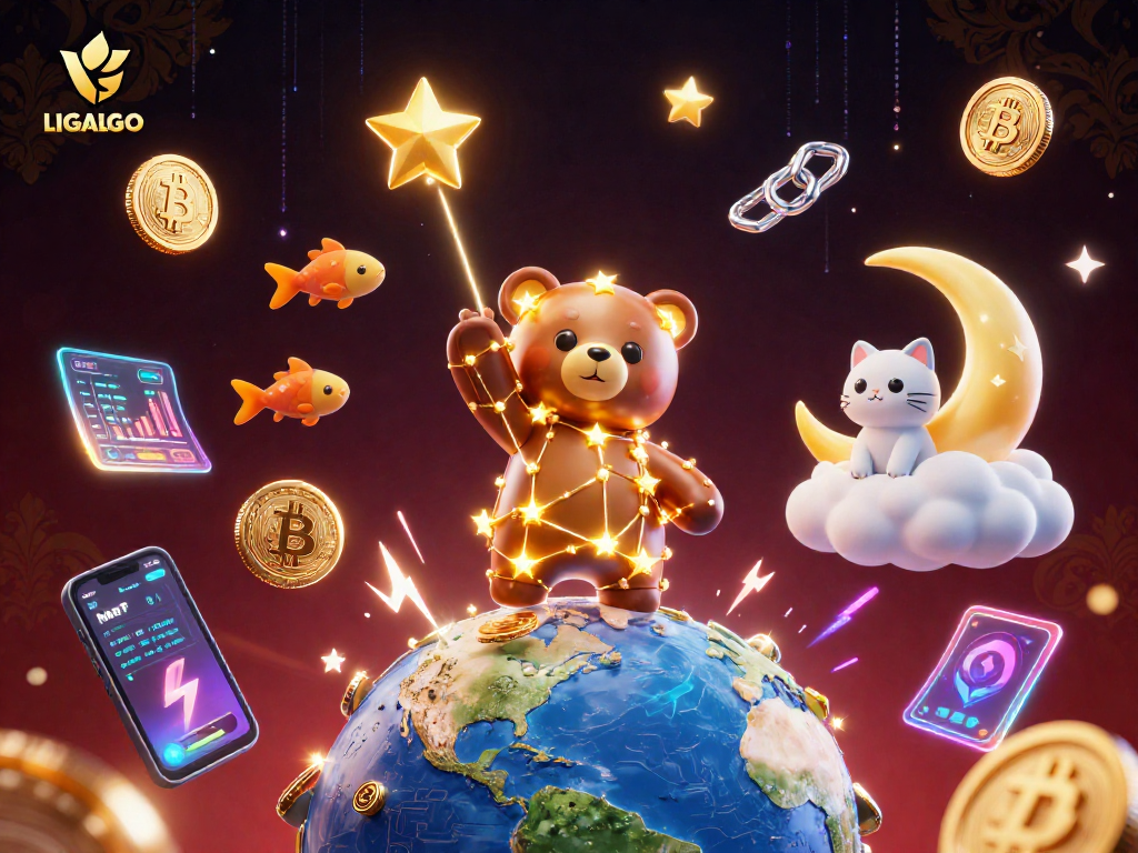 LIGALGO showcases a vibrant casino scene with a golden constellation bear and crypto elements.
