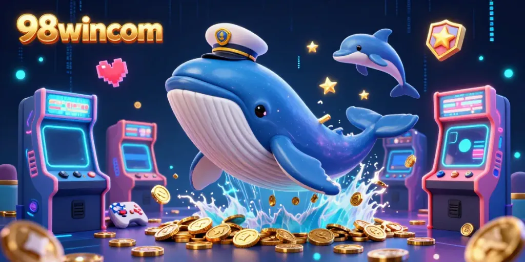 Experience the thrill of gaming with 98wincom, featuring a whale, narwhal, and dolphins in a vibrant casino setting.