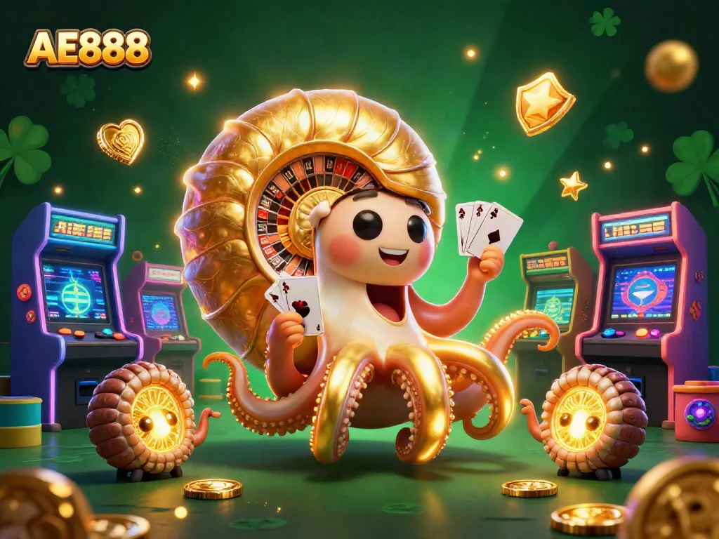 Join the excitement of AE888 with a giant nautilus roulette wheel and glowing poker cards in a vibrant casino scene.