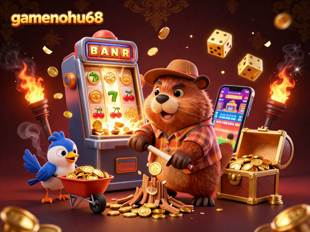 Experience the thrill at gamenohu68 with vibrant casino-themed 3D characters and gold coins spilling everywhere!