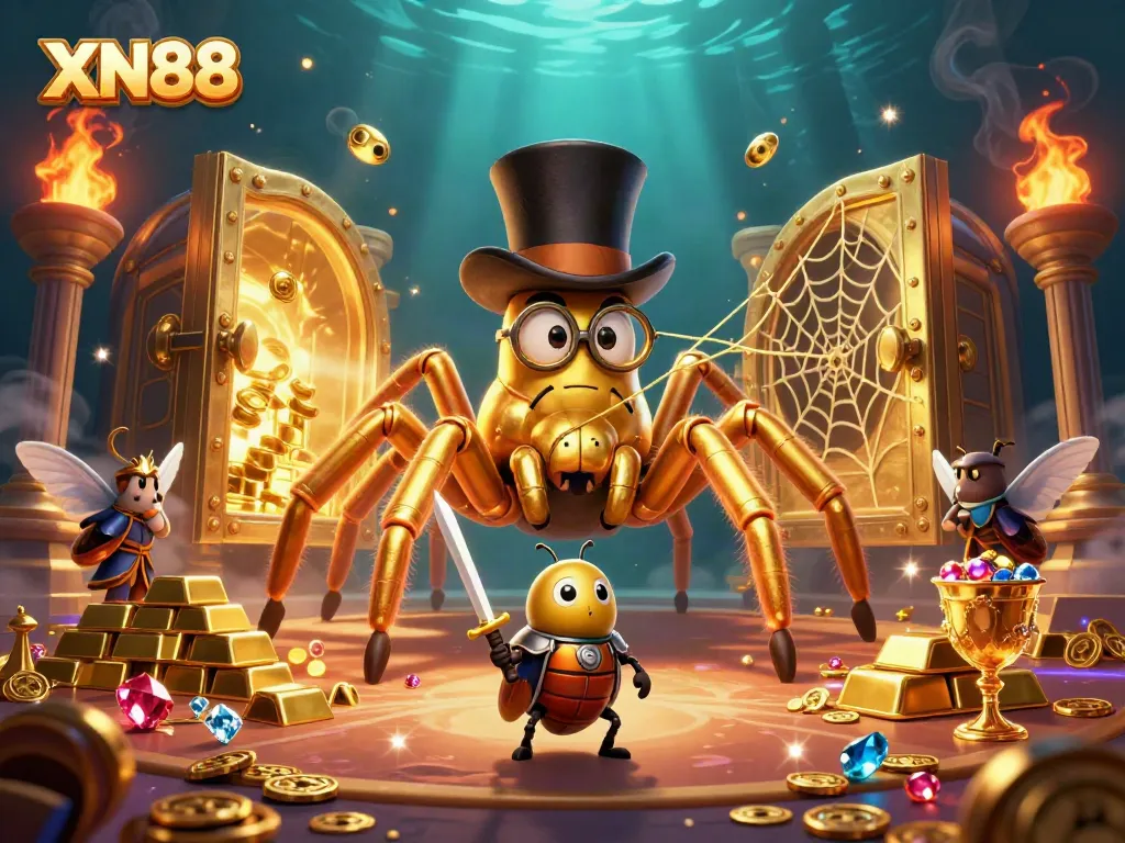 Experience the thrill of winning with XN88 in a dynamic casino scene featuring a golden tarantula and knight.