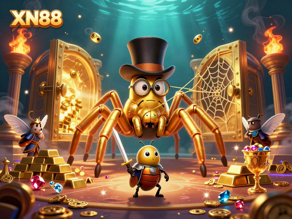 Experience the thrill of winning with XN88 in a dynamic casino scene featuring a golden tarantula and knight.