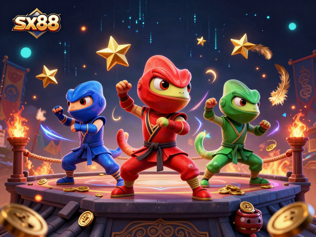 Sx88 showcases a dynamic trio of ninja chameleons engaging in martial arts on a casino rooftop, surrounded by betting tokens and gold coins.