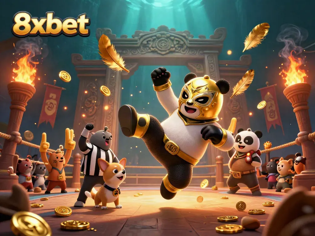 Experience thrilling action at 8xbet with a panda wrestler and animal spectators in a vibrant gambling arena.