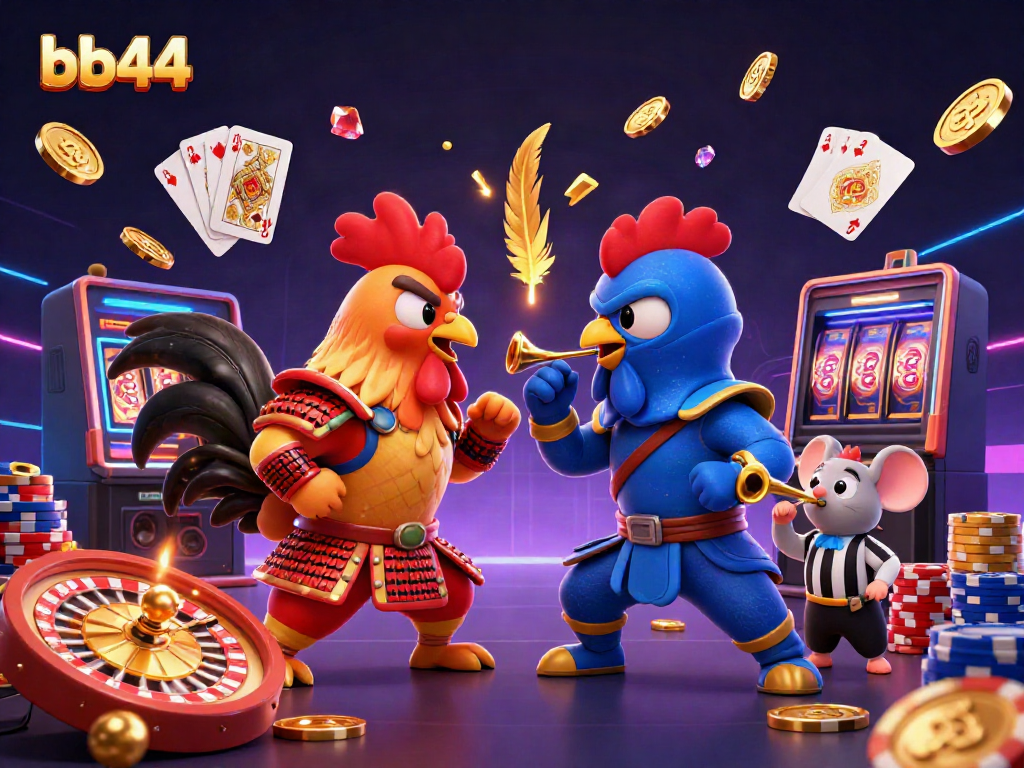 bb44 themed dynamic casino scene featuring cartoon roosters and gold coins
