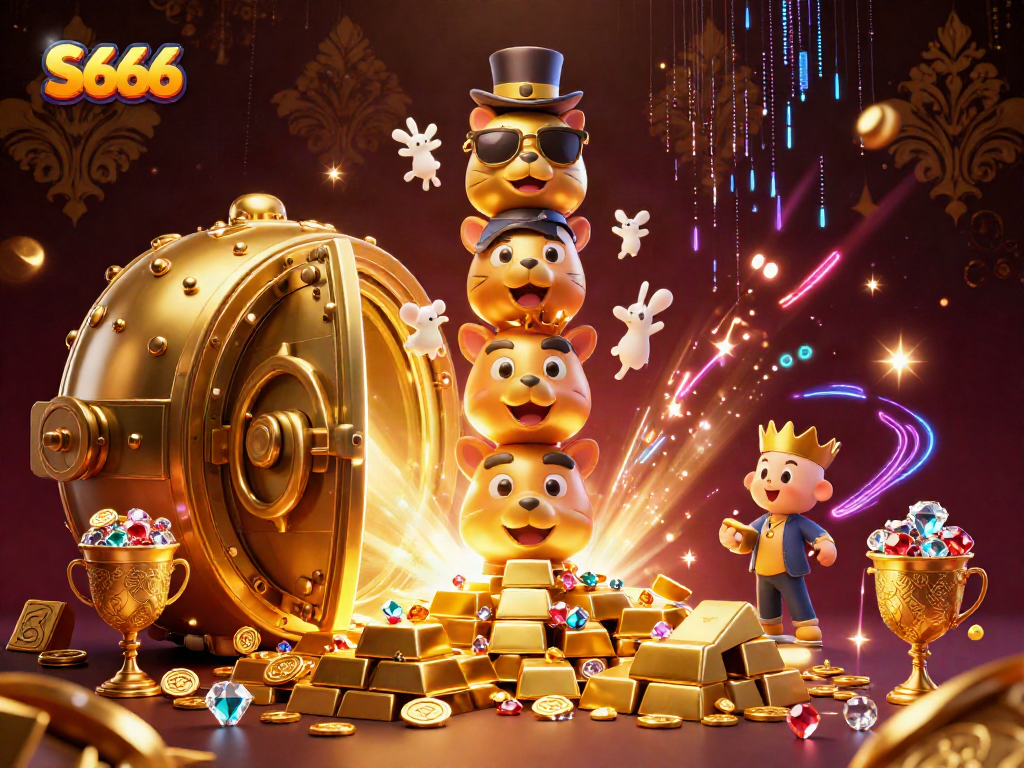 S666 provides an exciting experience with a vibrant 3D casino scene featuring rich treasure and an animated totem.