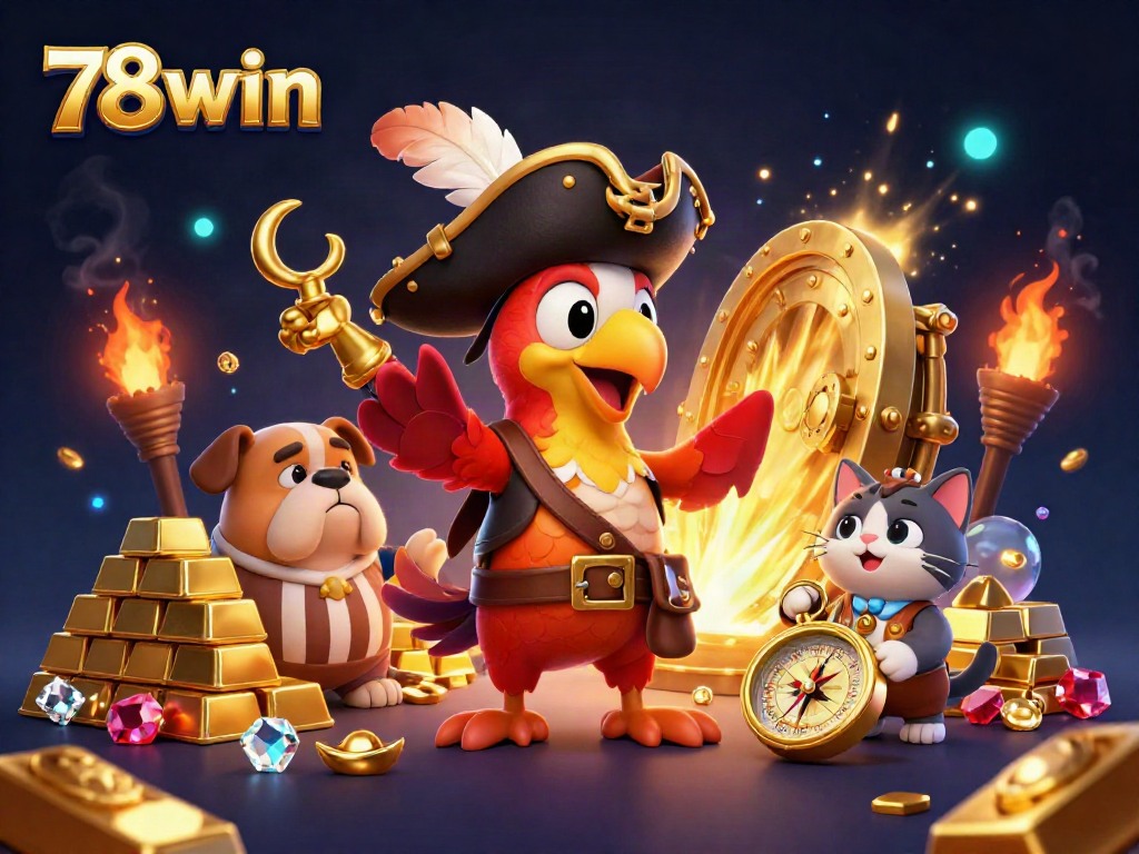 Experience thrilling adventures with 78win, featuring charming pirate characters amidst shimmering treasures in a vibrant 3D illustration.