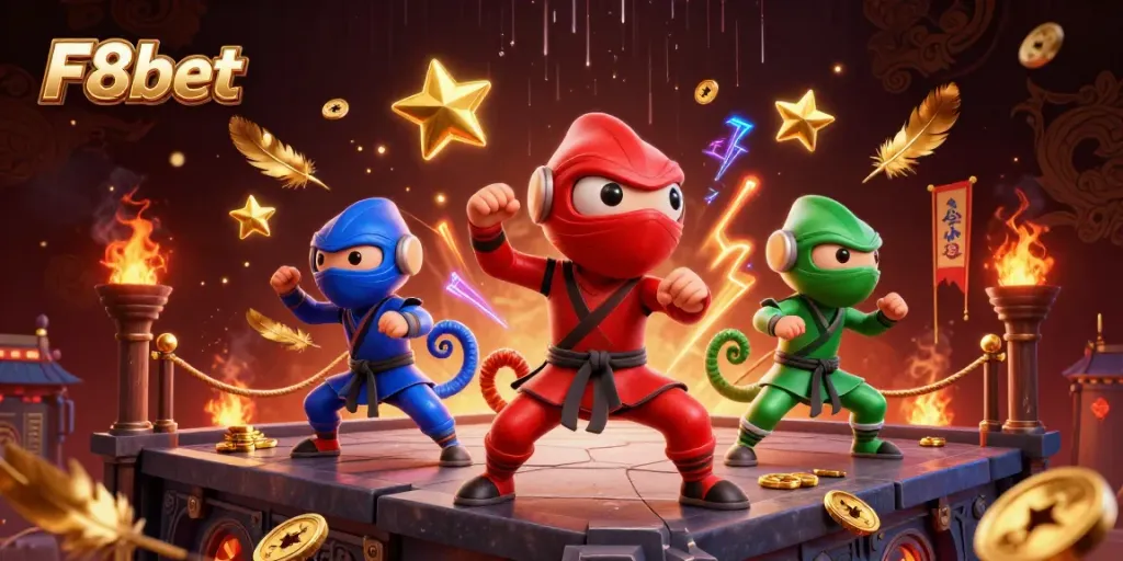 F8bet chameleon ninjas engage in thrilling martial arts over a vibrant casino backdrop.