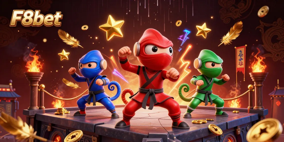 F8bet chameleon ninjas engage in thrilling martial arts over a vibrant casino backdrop.