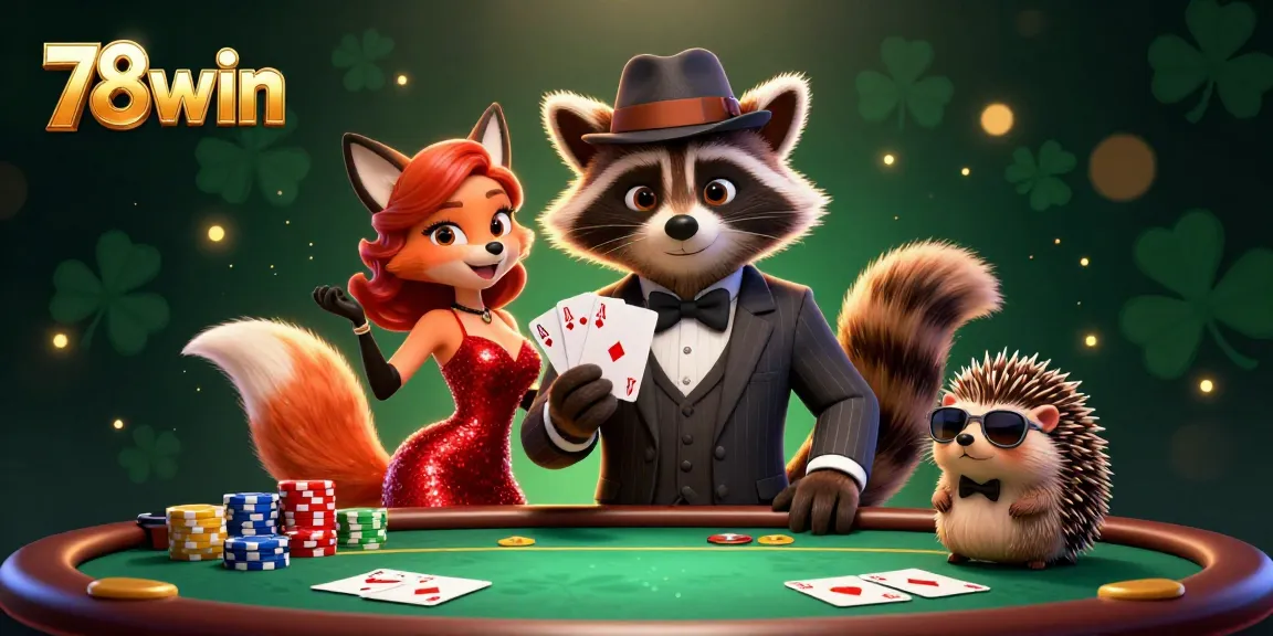 Experience thrilling poker excitement with 78win’s dynamic illustration featuring a charismatic raccoon, fox, and hedgehog.