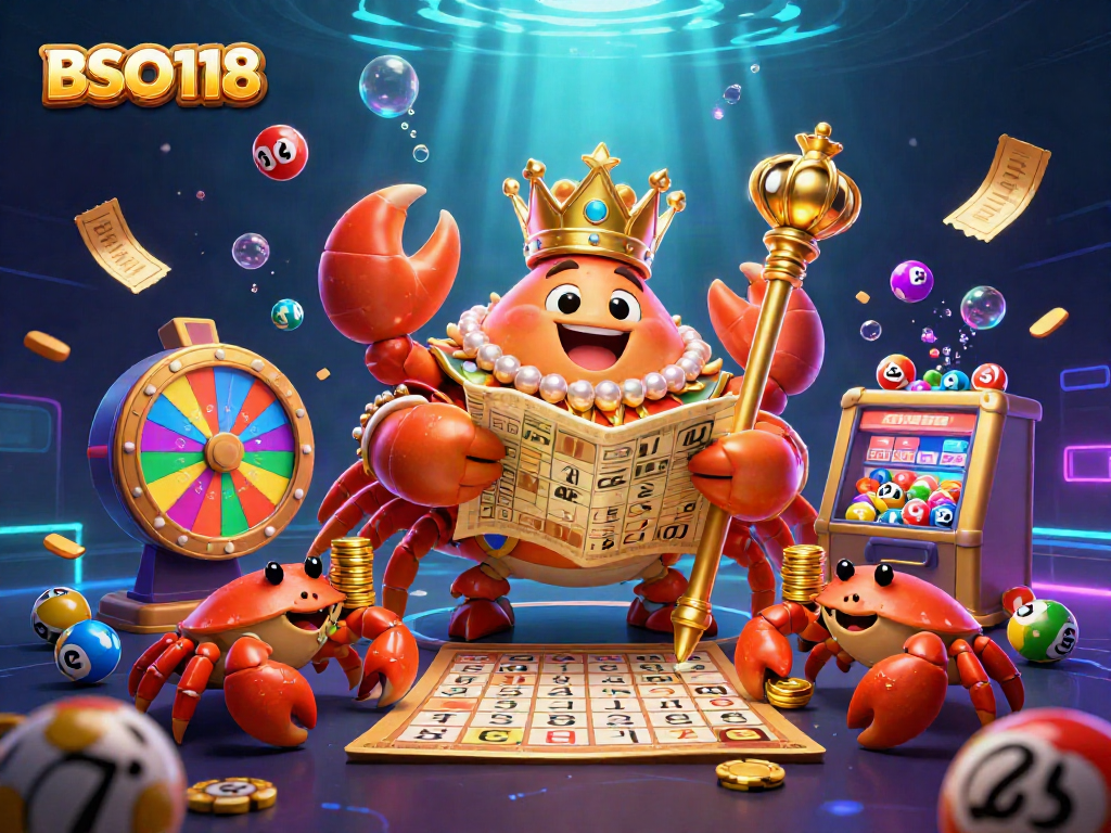 Experience the excitement of BSO118 with a golden crab emperor amidst dynamic lottery elements.