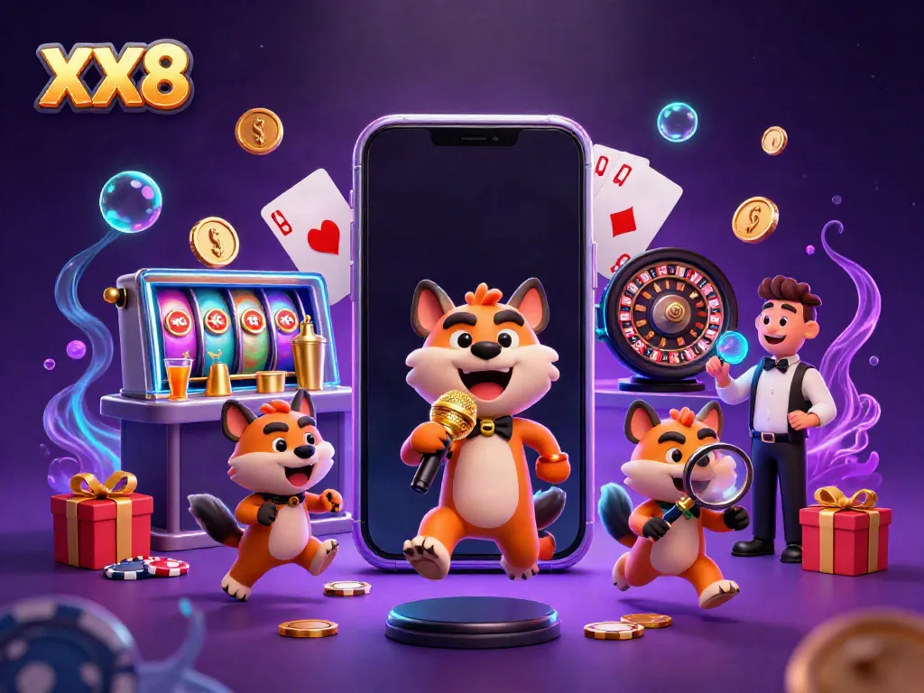 Experience the excitement at XX8's comedy casino club, featuring vibrant slot games and playful hyenas.