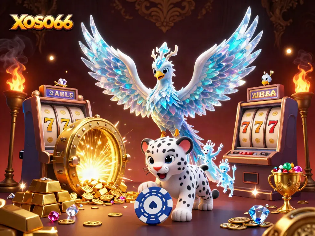 Engage with a vibrant XOSO66 gaming scene featuring a colorful ice phoenix, playful snow leopard, and shimmering treasures.