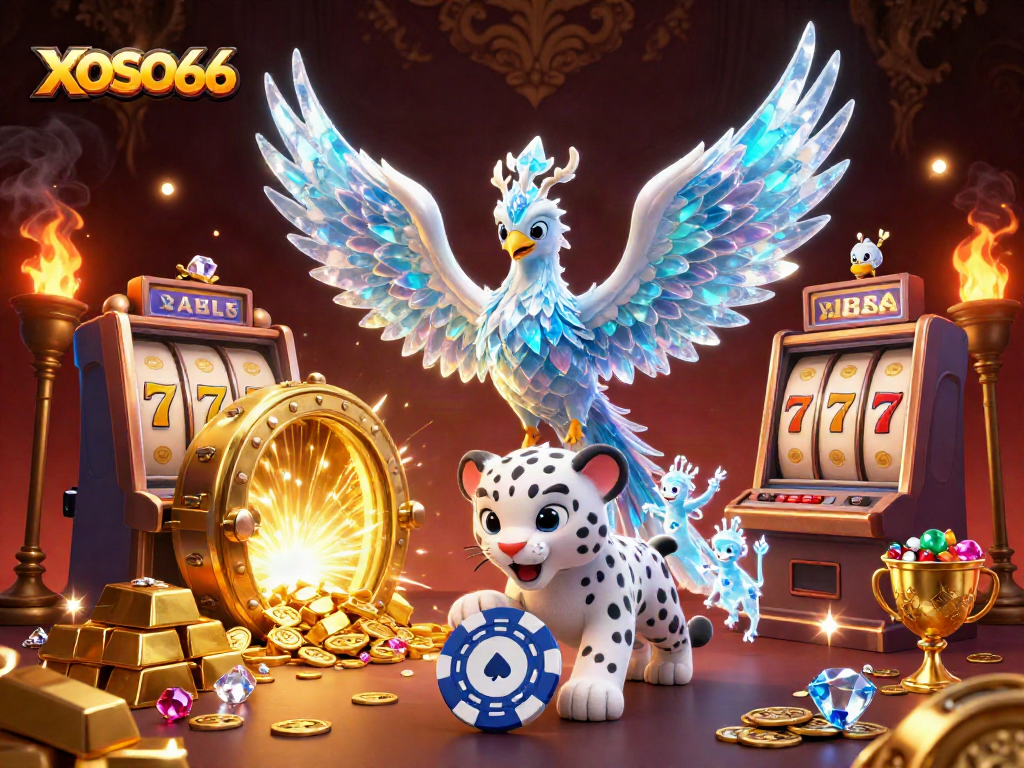 Engage with a vibrant XOSO66 gaming scene featuring a colorful ice phoenix, playful snow leopard, and shimmering treasures.