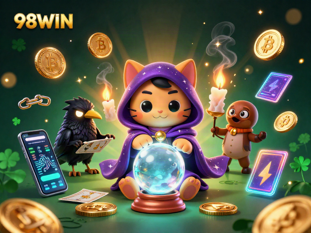 Engage with the vibrant 98WIN casino world featuring a mystic cat and glowing tarot raven.