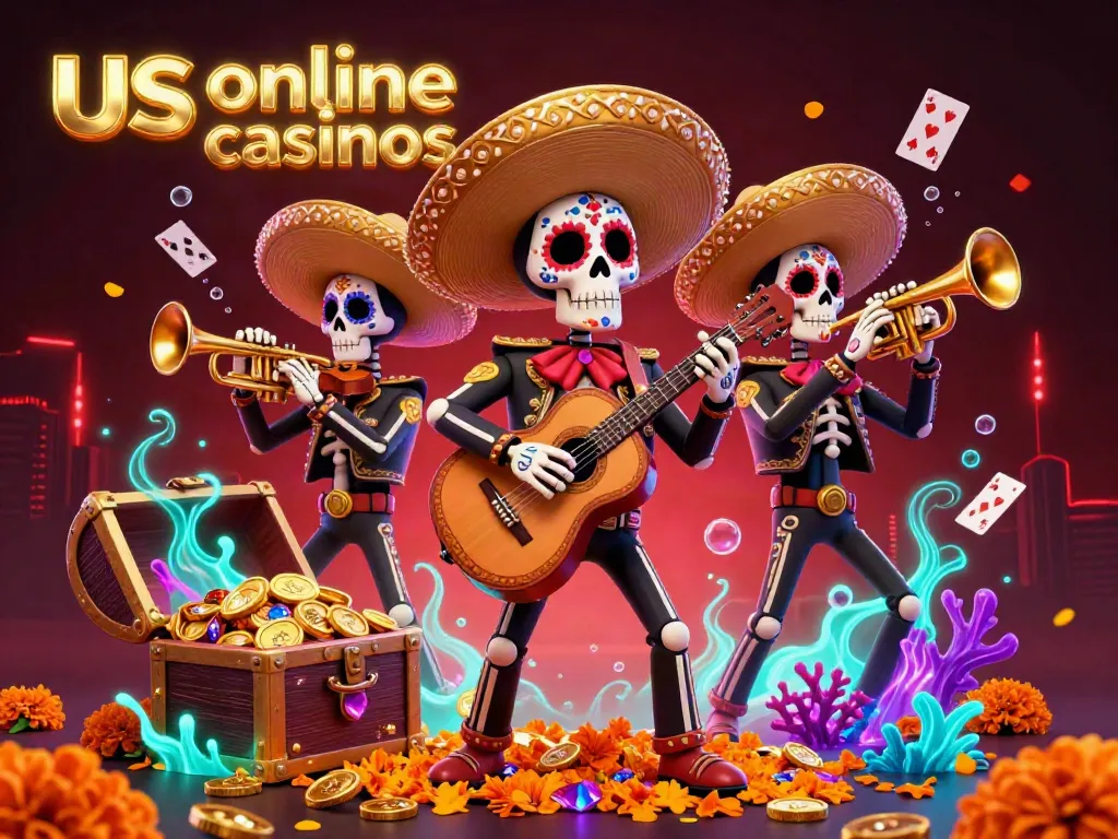 Experience the excitement of us online casinos with a vibrant mariachi band amidst thrilling gaming elements.