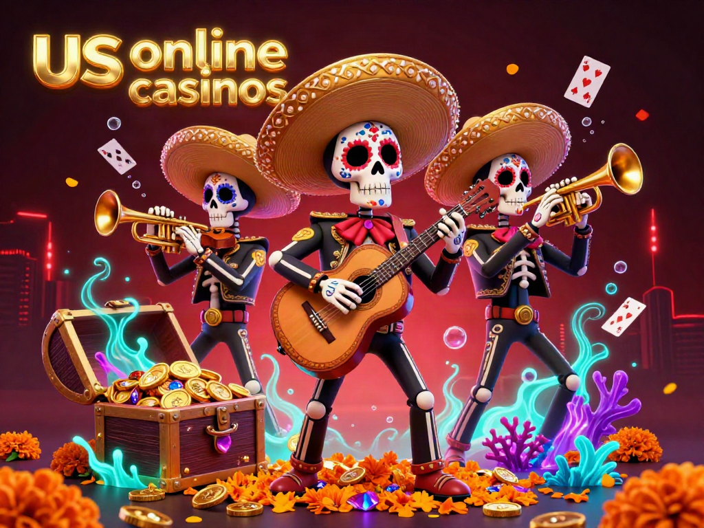Experience the excitement of us online casinos with a vibrant mariachi band amidst thrilling gaming elements.