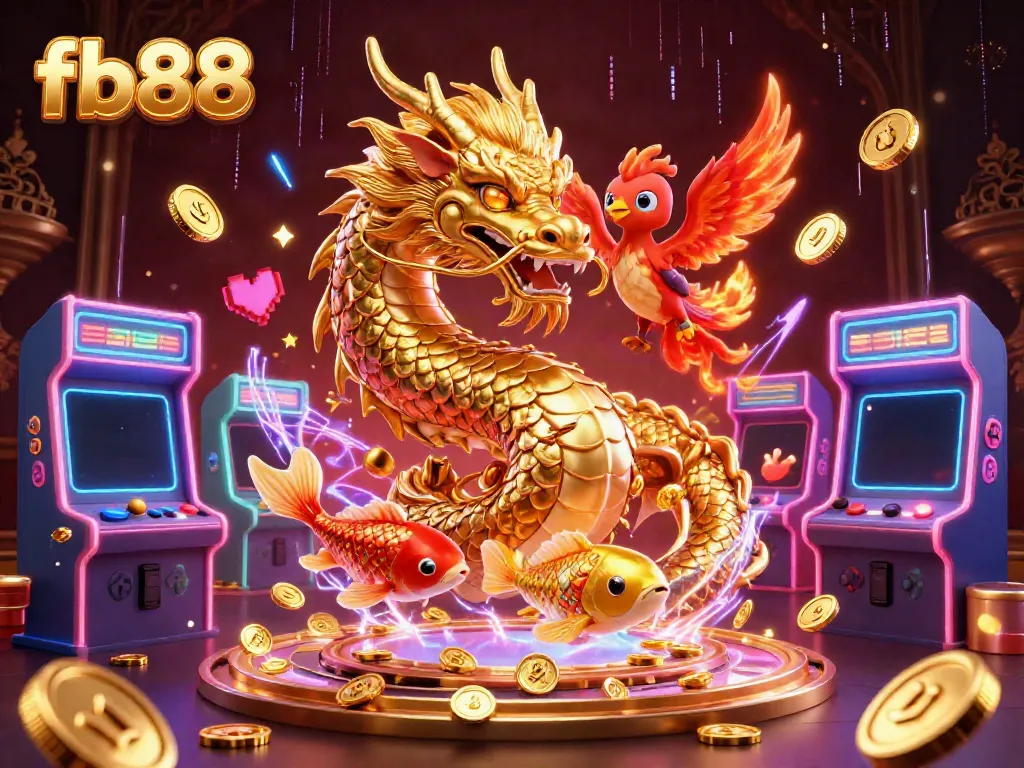 Experience the excitement of fb88 with a golden dragon and vibrant gaming elements in a dynamic casino scene.