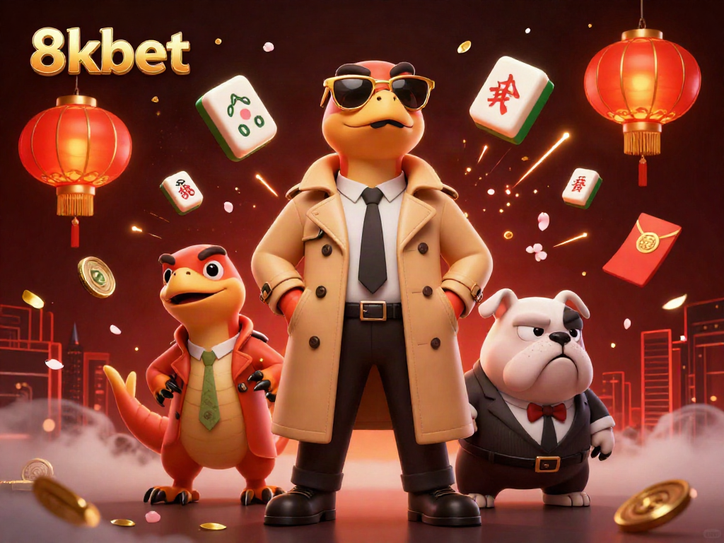 Enter the vibrant world of 8kbet with cartoon raptors and casino elements in a colorful scene.