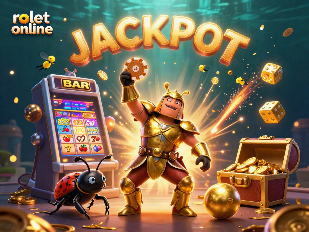 Engage with rolet online excitement as cartoon beetles celebrate jackpot wins in a vibrant casino scene.