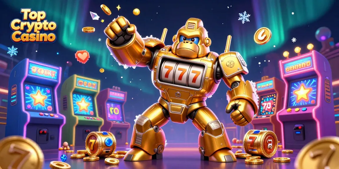 Engage with the Top Crypto Casino in a vibrant 3D scene featuring a golden gorilla mech.