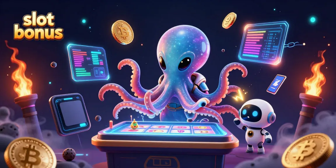 Winning with slot bonus at a vibrant alien-themed casino illustration with Bitcoin and Ethereum coins.