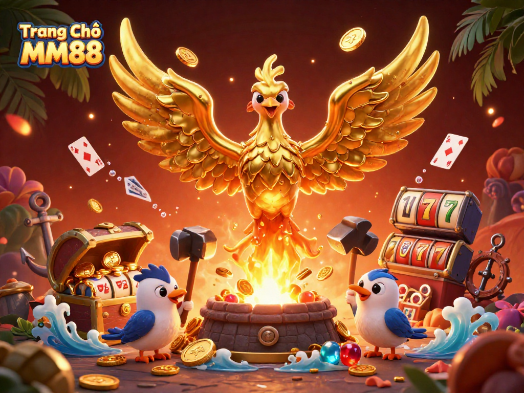 Engage with Trang Chủ MM88 through exciting slot games featuring a molten phoenix and treasure.
