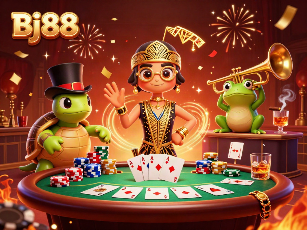 Experience exhilarating fun at Bj88 poker tables with a lively frog, turtle, and crane.
