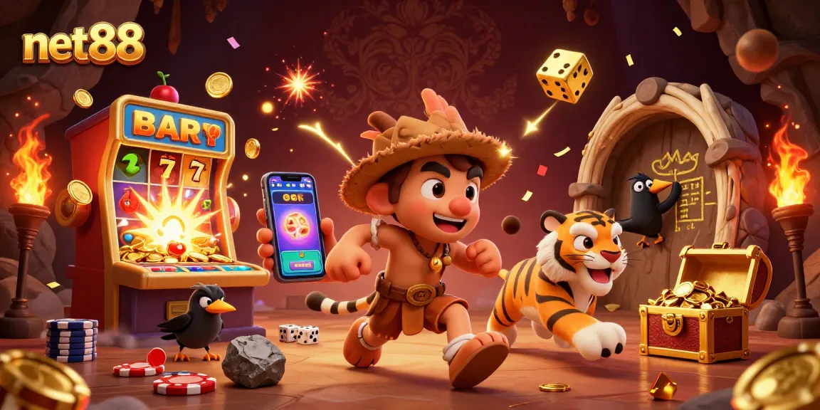 Engage in net88's thrilling casino experience with a dynamic caveman and sabertooth duo amidst dazzling slot machines.