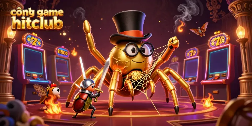 Engage with cổng game hitclub in an ultra-detailed 3D casino scene featuring slot machines and a giant tarantula protagonist.