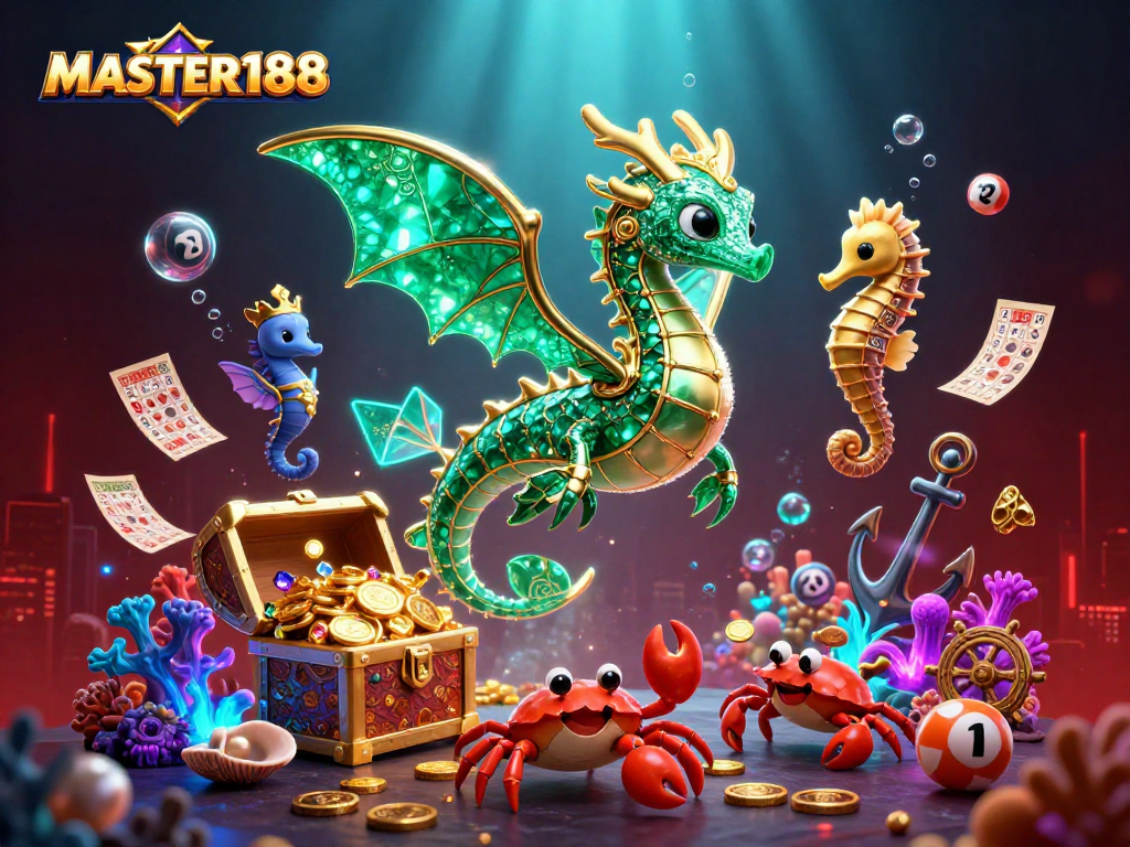 Engage in thrilling gameplay with MASTER188, featuring Togel numbered balls and a vibrant treasure chest.