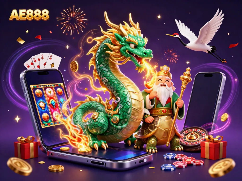 Engage with AE888, featuring a jade dragon and turtle sage amidst dynamic casino elements.