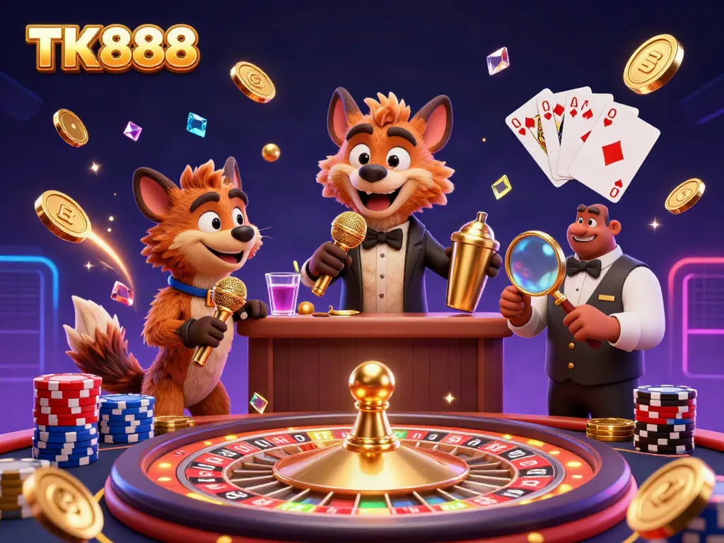 Experience the vibrant atmosphere of TK888 with hyenas in a casino club, featuring a comedian and a bartender
