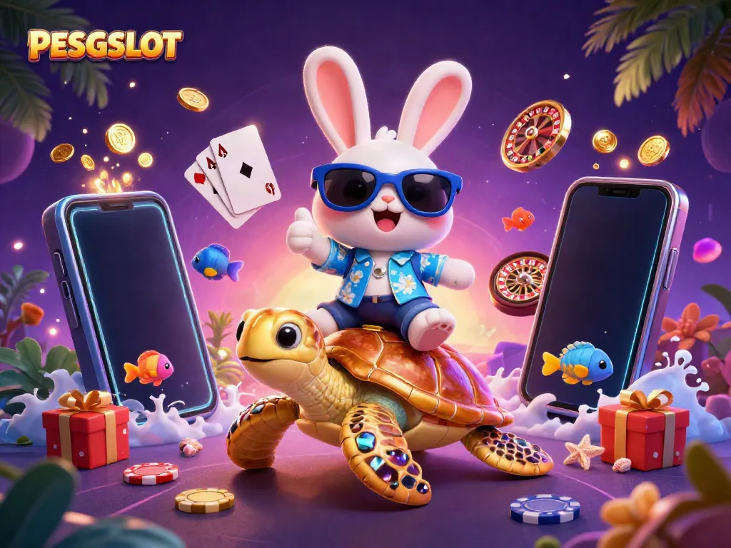 Gambarkan PESGSLOT dengan kelinci beruntung 3D dan kura-kura emas, dikelilingi elemen permainan slot.