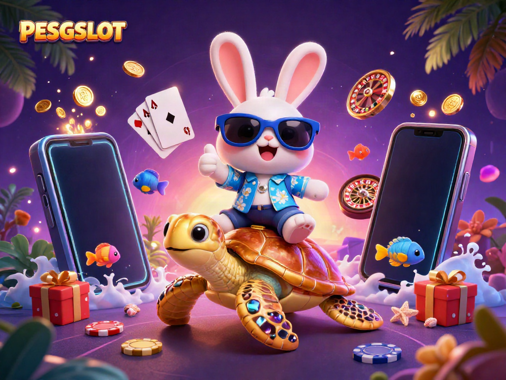 Gambarkan PESGSLOT dengan kelinci beruntung 3D dan kura-kura emas, dikelilingi elemen permainan slot.