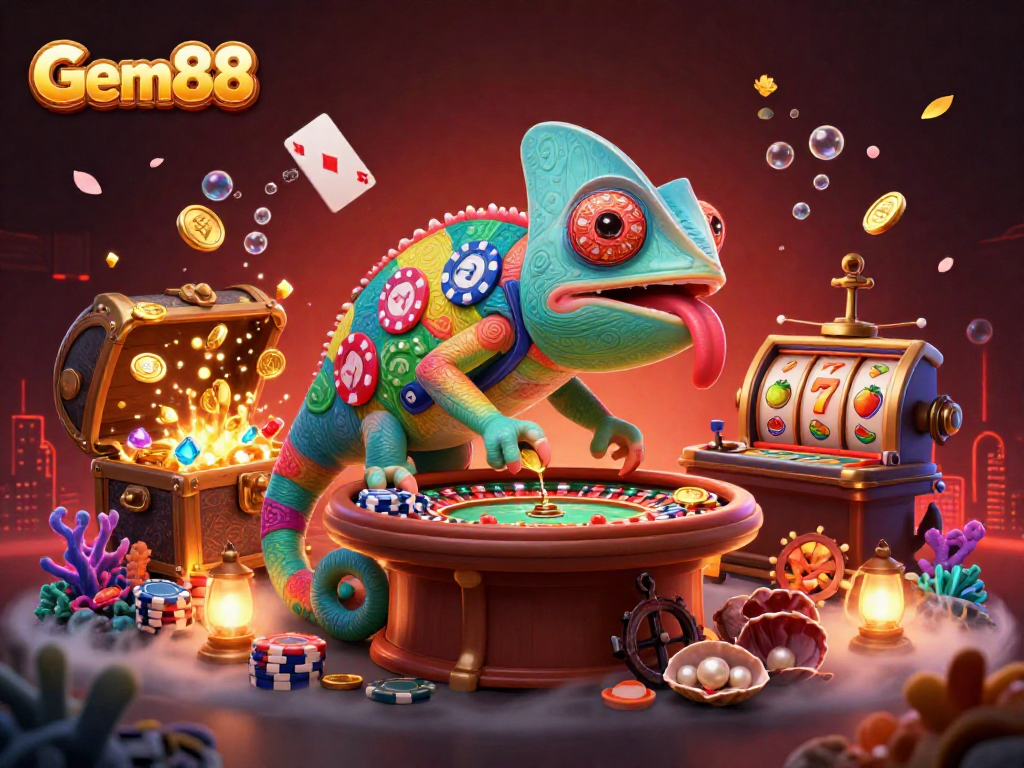 Experience thrilling wins at Gem88 with a vibrant casino scene featuring a majestic chameleon.