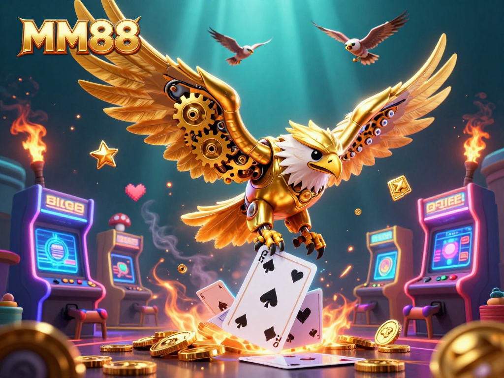 Engage with MM88 casino games, featuring a vibrant cybernetic eagle amidst holographic cards and arcade elements.
